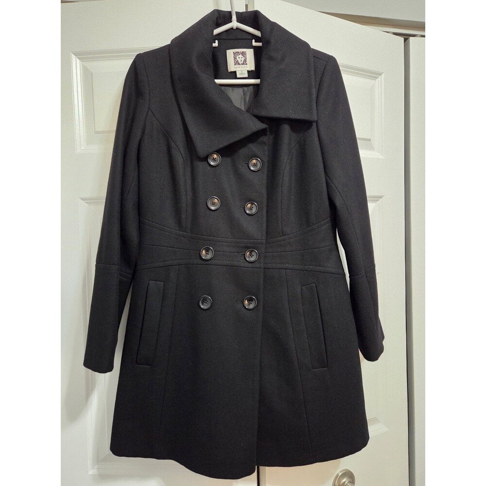 Anne Klein Womens Black Wool Blend Double Breasted Pea Coat Size Small